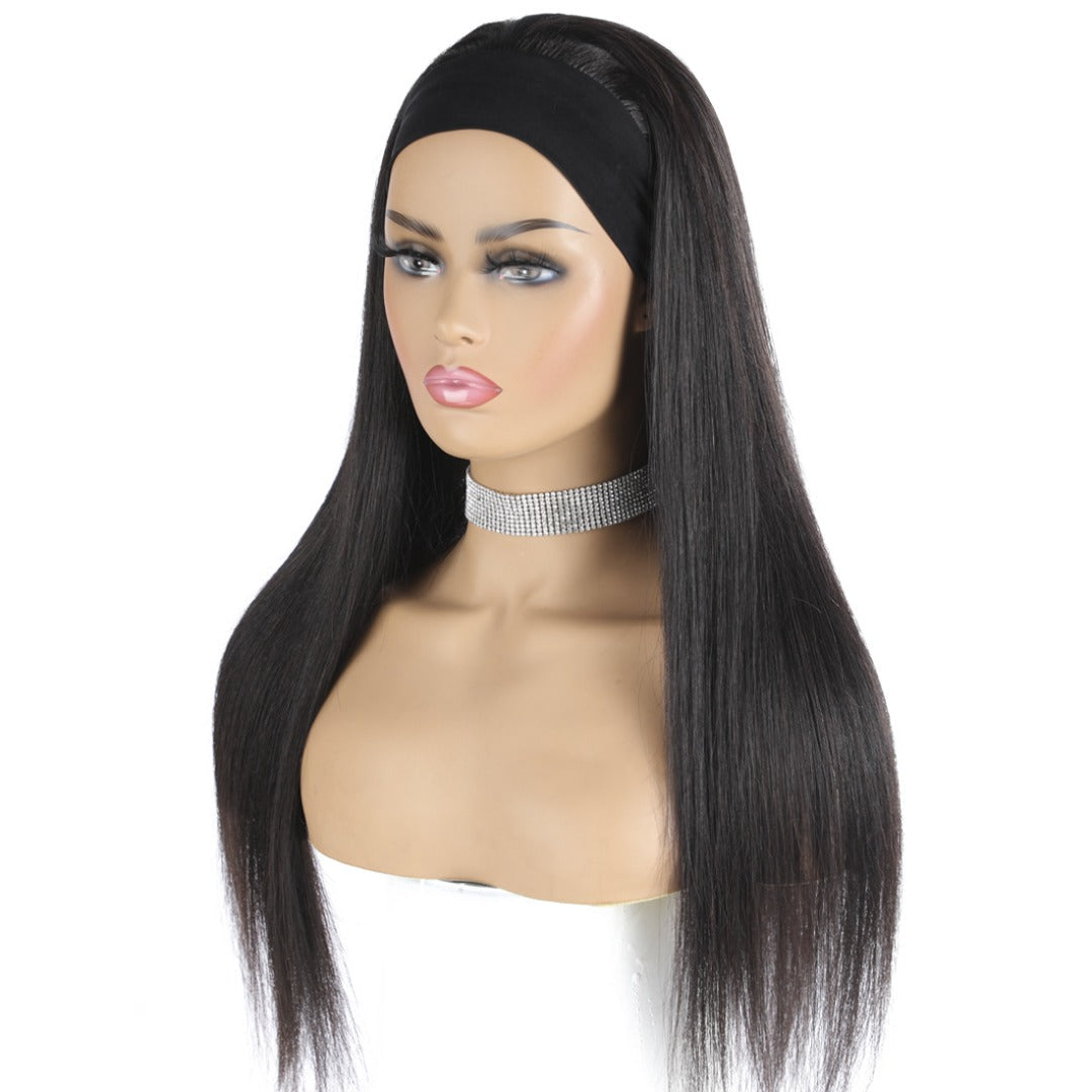 Cerise Alfie straight human hair headband wig with scarf, easy wear, no glue, designed for women in bath and beauty style.