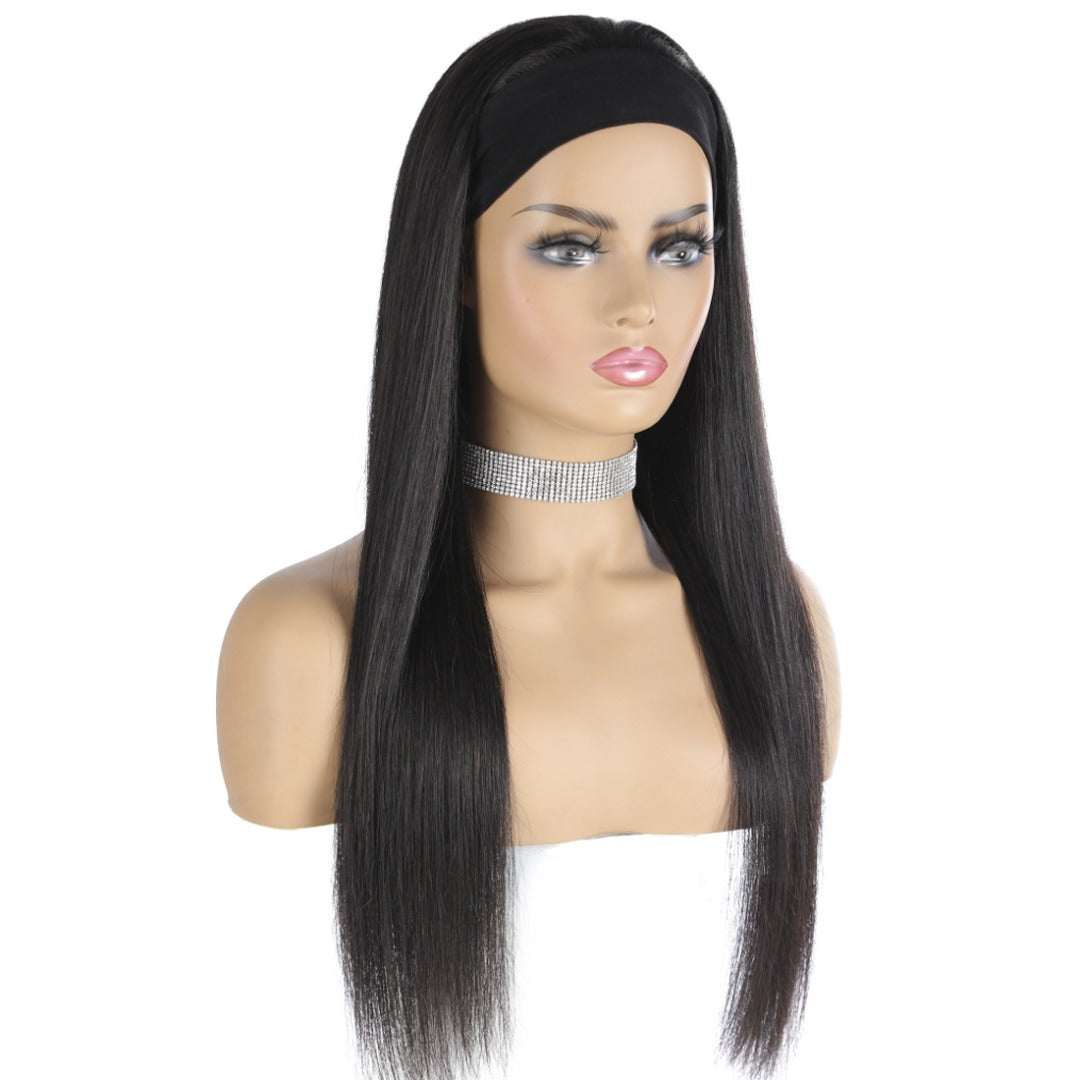 Cerise Alfie straight human hair headband wig with scarf design, easy wear, no glue, perfect for women’s bath and beauty routines.