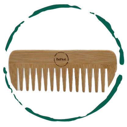 All-natural bamboo hair comb from Violet Atlas, showcasing smooth, eco-friendly teeth and a sleek, natural finish for gentle hair care.