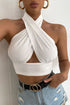 White cross front halter neck underbust top for women by Azure Theseus, featuring a stylish halter design and fitted silhouette.