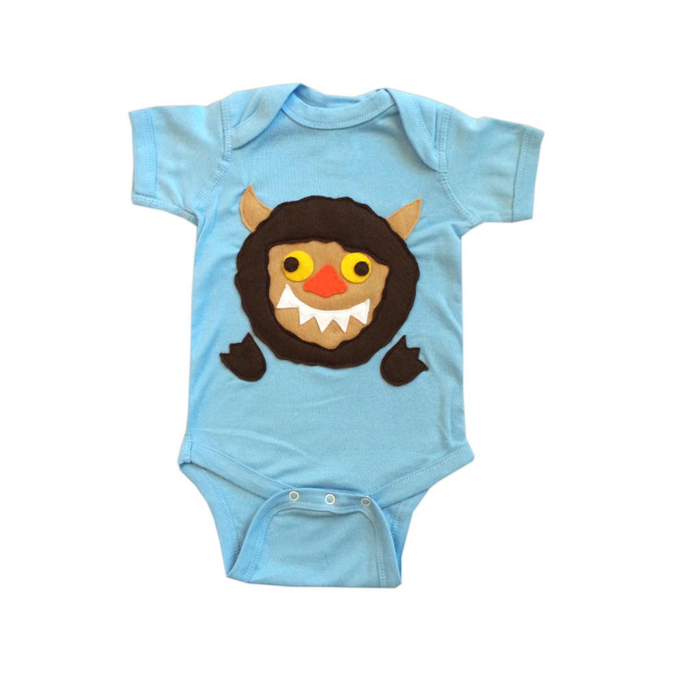 Sky Blue Milo Wild Boy and Wild Monster infant bodysuits featuring playful beast designs for baby clothing.