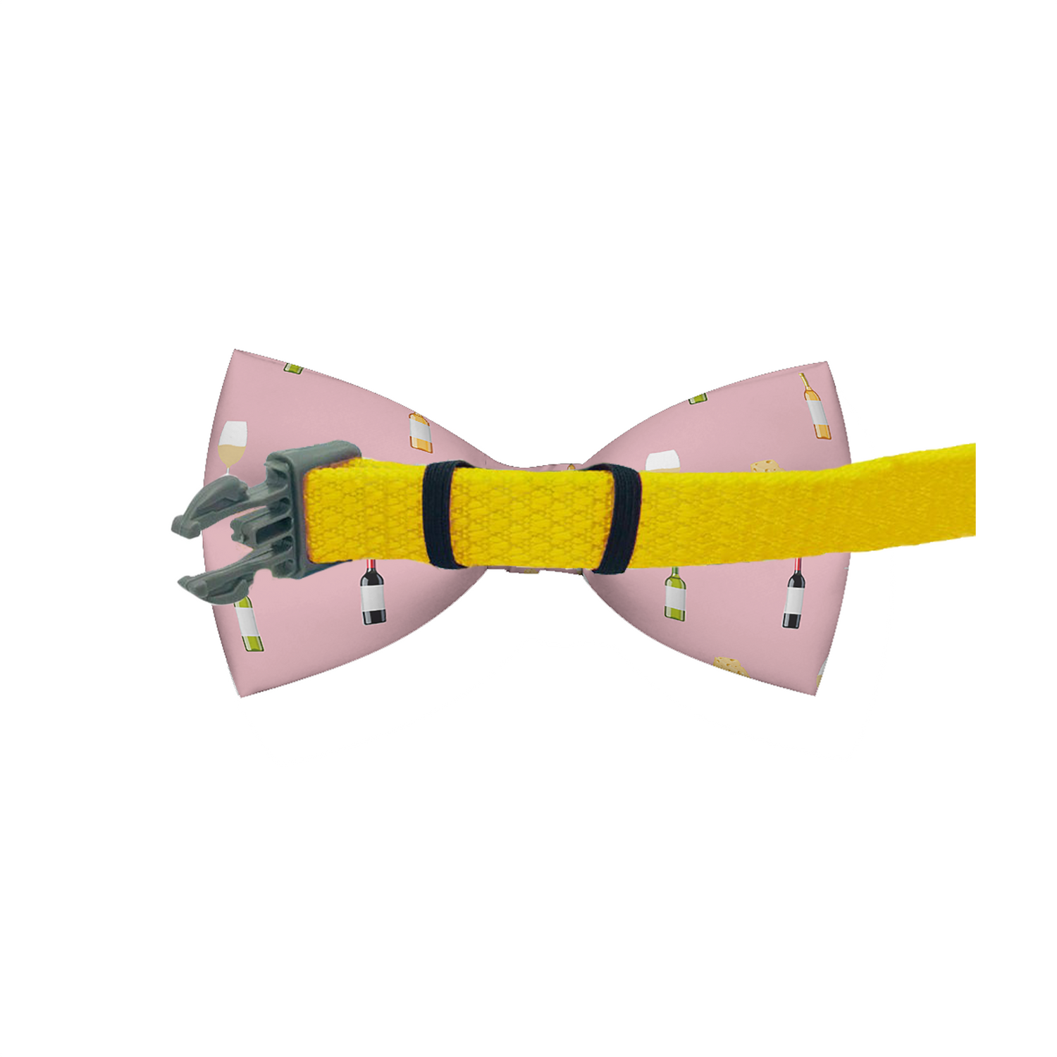 Pink dog bow tie with wine and cheese design from Plum Semele, perfect for stylish pet accessories.