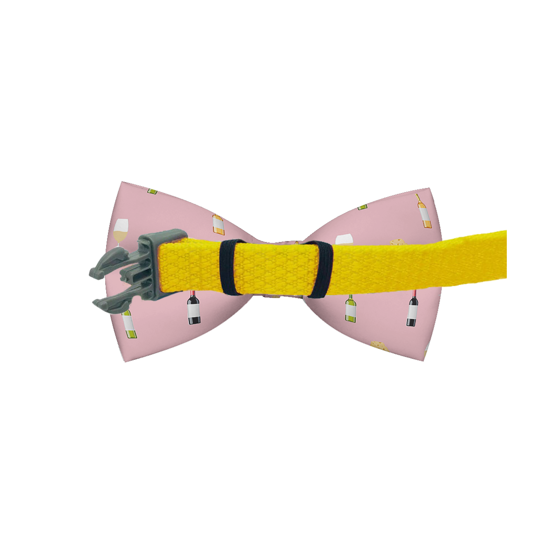 Pink dog bow tie with wine and cheese design from Plum Semele, perfect for stylish pet accessories.