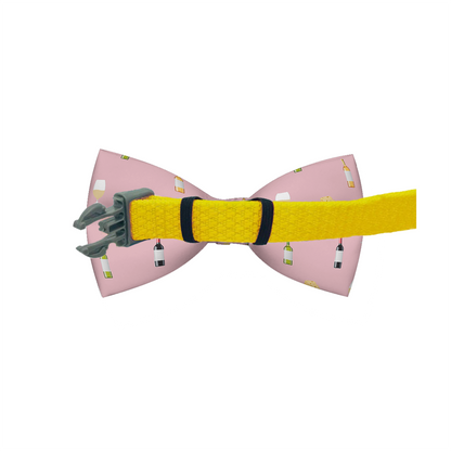 Pink dog bow tie with wine and cheese design from Plum Semele, perfect for stylish pet accessories.
