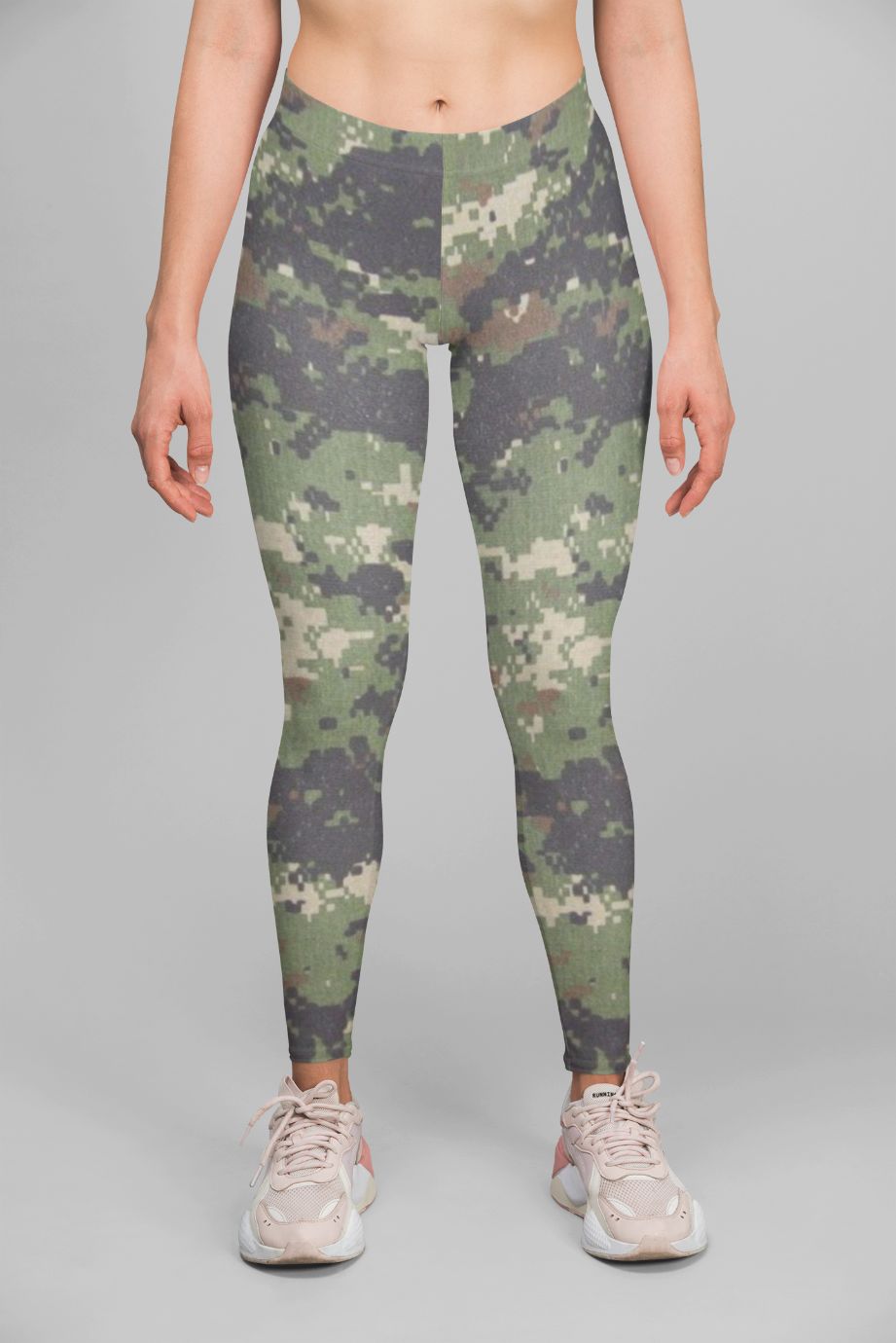 Sky Felix army camouflage leggings worn with a T-shirt, featuring a military-inspired camouflage pattern and comfortable fit.