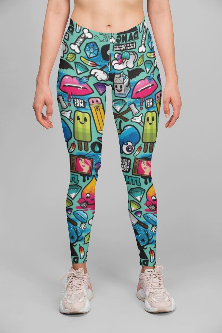 Sky Felix Blood Sweat Cartoon leggings featuring bold, colorful cartoon designs on a comfortable fabric.
