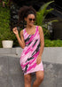 Pink camo sublimation cut and sew T-shirt dress by Sky Felix, featuring vibrant pink and camouflage pattern with a stylish fit.