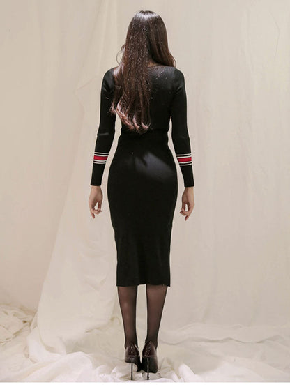 Black women’s elegant long sleeve bodycon midi dress by White Amphitryon, slim fit, mid-calf length, perfect for stylish occasions.
