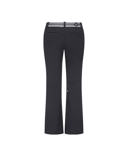 Black women’s golf pants by Amethyst Lucy featuring banding and point boost cut design, ideal for activewear and sports.