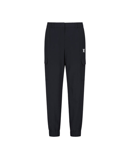 Black women’s deformation mesh jogger long pants by Amethyst Lucy, featuring a comfortable fit and stylish design for active wear.