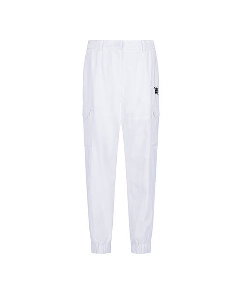 White women’s deformed mesh jogger long pants by Amethyst Lucy, designed for comfortable, stylish activewear.
