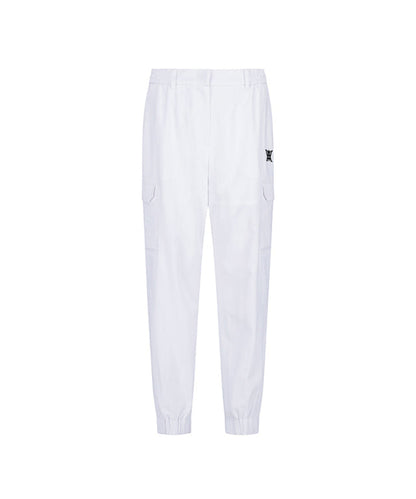 White women’s deformed mesh jogger long pants by Amethyst Lucy, designed for comfortable, stylish activewear.