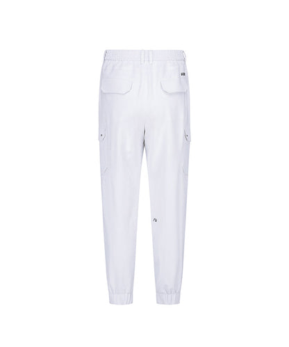 White women’s deformation mesh jogger long pants by Amethyst Lucy, stylish athletic trousers for active wear.
