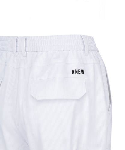 Women’s white deformation mesh jogger pants by Amethyst Lucy, featuring a comfortable long athletic fit and stylish design.
