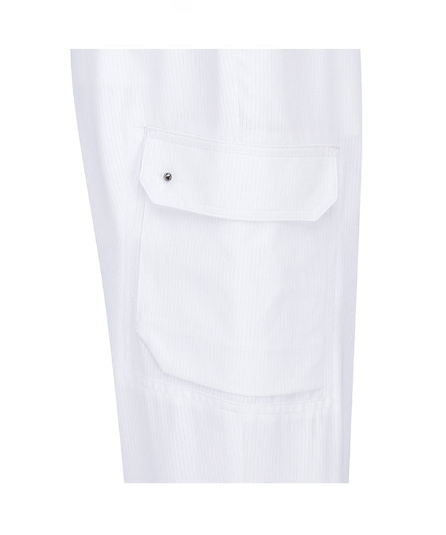 Women’s white deformation mesh jogger long pants by Amethyst Lucy, showcasing comfortable sporty design and tapered fit.