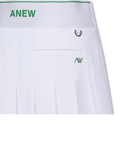 Women’s white pleated skirt with a logo band from Start2Finish, shown on a hanger. Stylish and versatile fashion piece.