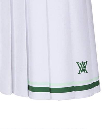 Women’s white pleated skirt with logo band from Start2Finish, shown on a model, featuring a high-waist design and flowing fabric.