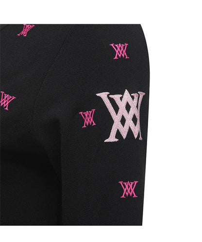 Women’s black monogram logo pullover sweater by Amethyst Lucy, featuring a classic round neckline and cozy knit fabric.