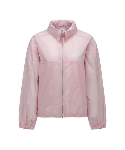 Pink women’s shirring point Stingray fit jacket by Amethyst Lucy, styled as a fashionable golf accessories jacket.