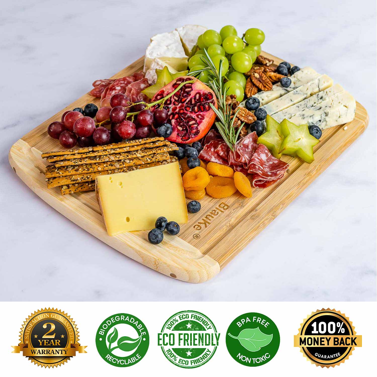 Large bamboo kitchen cutting board by Jade Danae, 14x11 inches, ideal for chopping and food preparation.