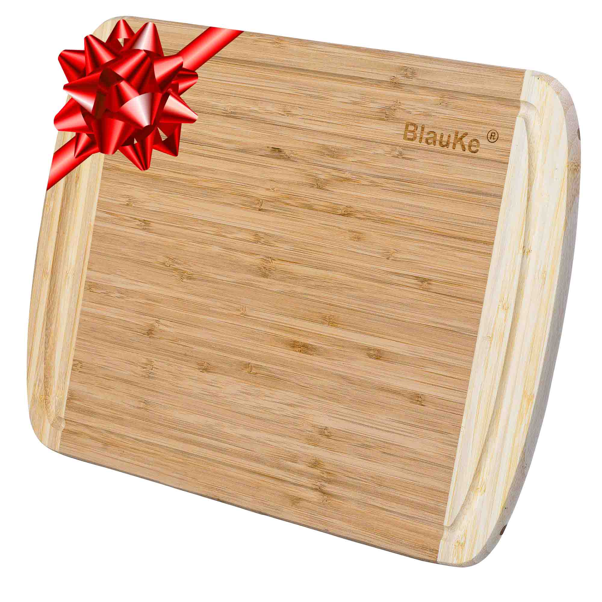 Large bamboo kitchen cutting board by Jade Danae, 14x11 inches, ideal for chopping and serving food in the kitchen.