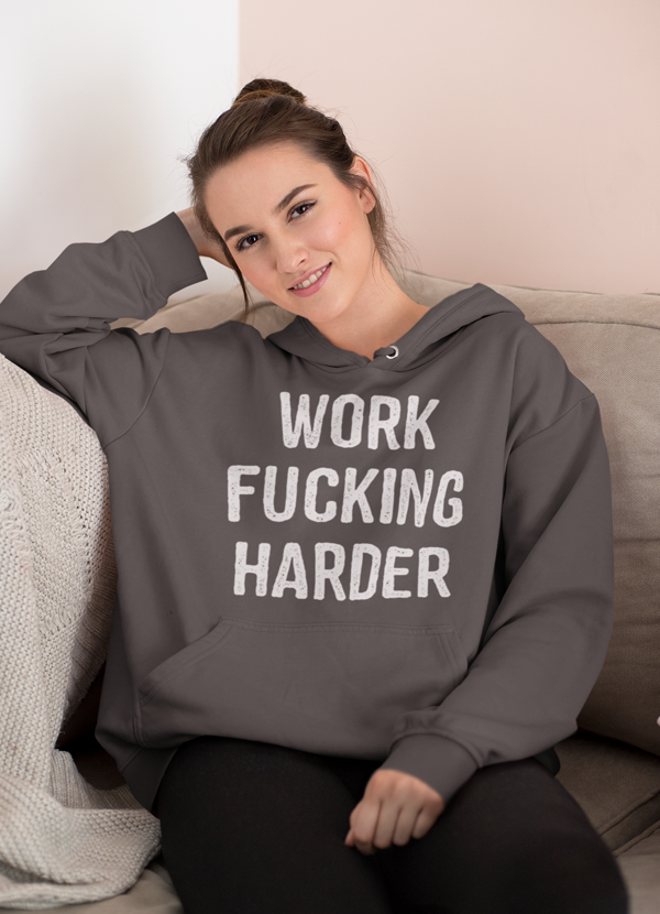 Black hoodie from Scorpius with bold "Work Fucking Harder" graphic, casual fit, and comfortable fabric.