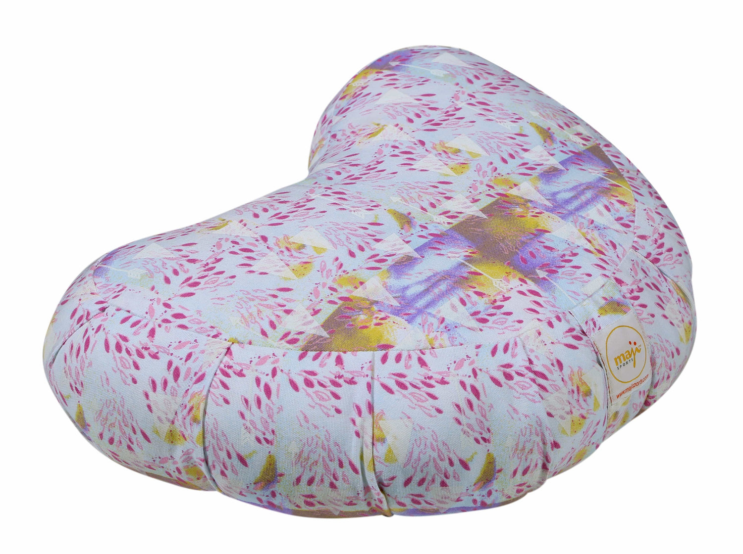 Azure Jason Halfmoon Zafu yoga pillow with water-colored fabric, ideal for meditation and floor sitting in sports and outdoors activities.