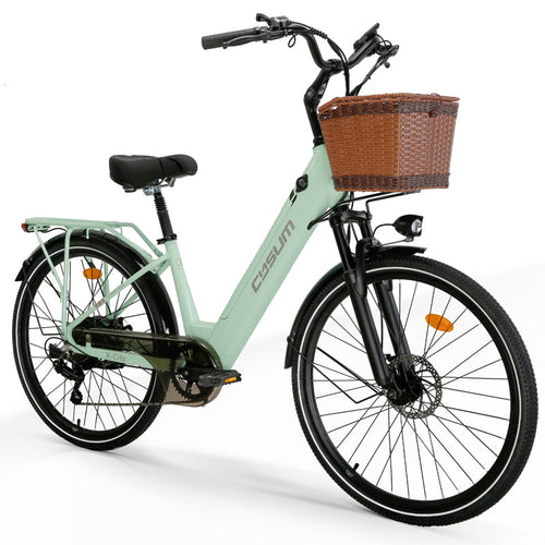 Puce Hades CYSUM X-City women’s 26-inch green e-bike with aluminum frame, 250W motor, 10Ah battery, and 25 km/h speed.