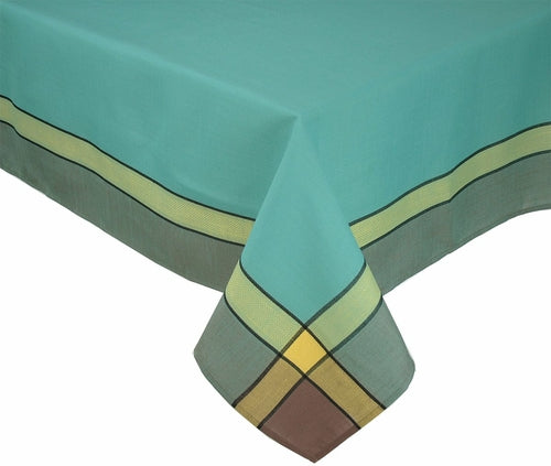 Pink Leto Riviera tablecloth in teal color, showcasing elegant fabric with a smooth drape for home decor.