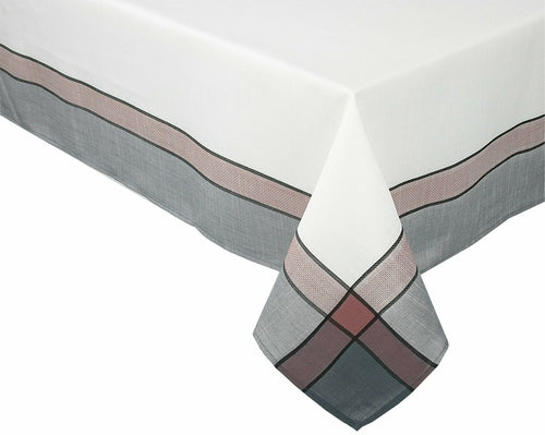 White Riviera tablecloth by Pink Leto, elegant home decor fabric with intricate patterns, ideal for stylish table settings.