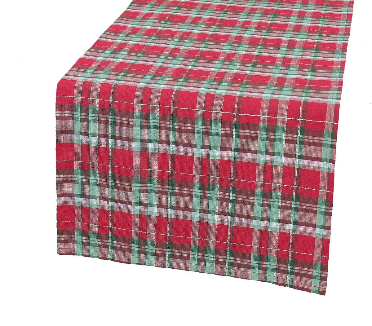 Pink Leto Holiday Tartan Table Runner for home decor, with red and green tartan pattern on a wooden table.