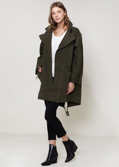 Women’s oversized olive utility jacket by Lemon Hera, featuring multiple pockets and a relaxed fit, perfect for casual wear.