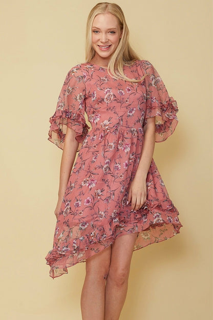 Lemon Hera wax flower asymmetrical hi-lo dress in vibrant fabric, featuring a stylish uneven hem and elegant design.