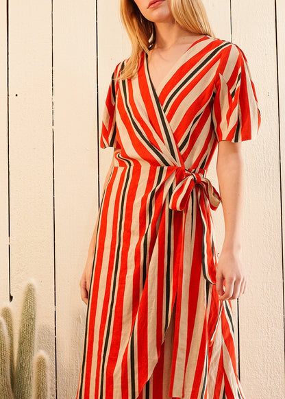 Lemon Hera puff sleeve wrap dress in Poppy Multi with floral pattern, featuring a fitted waist and flowing skirt.