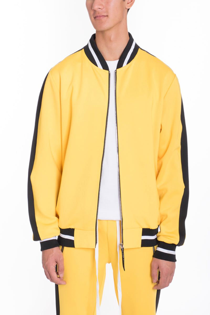Yellow Lime Milo Rally Track Jacket for activewear, shown on a hanger with front view and sporty design details.