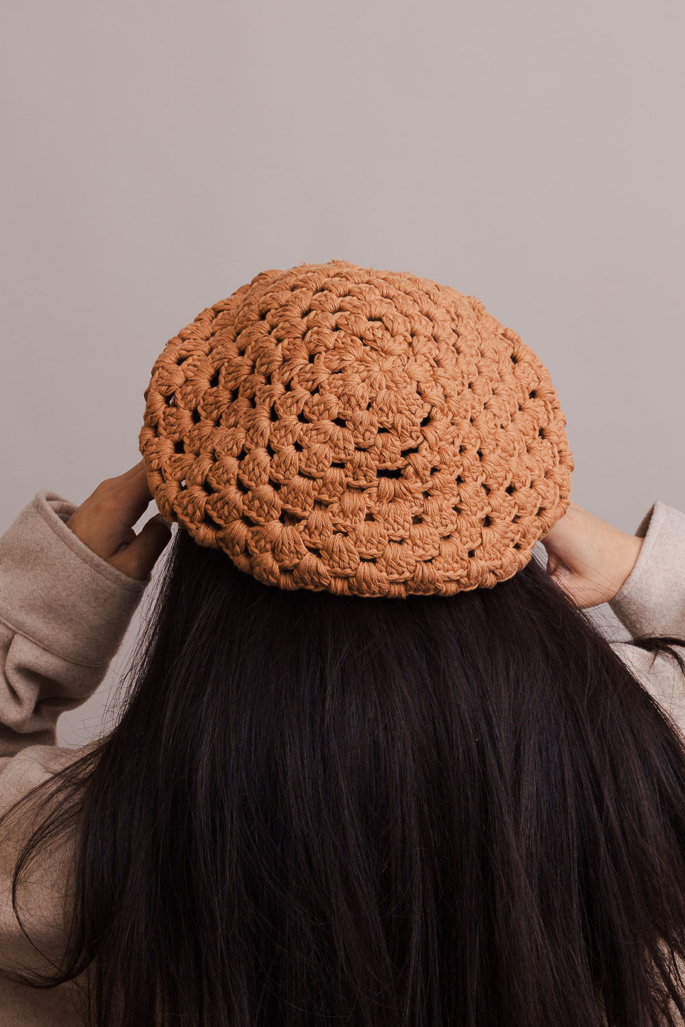 Periwinkle Aether Darling crochet knitted beret in camel color, stylish accessories with a soft, textured knit design.