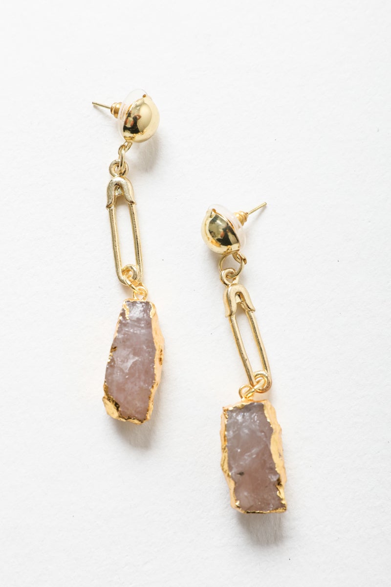 Pink gemstone fashion earrings by Periwinkle Aether featuring sparkling gem stones and elegant jewelry design.