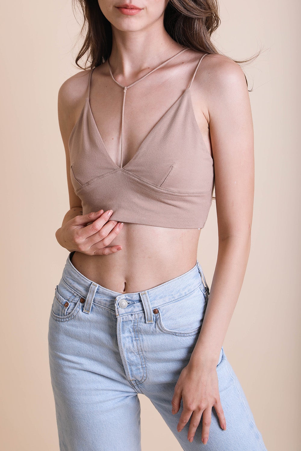 Periwinkle Aether Y-Neck Plunge Crop Top in mocha color, featuring a stylish Y-neck design, perfect for trendy tops and blouses.