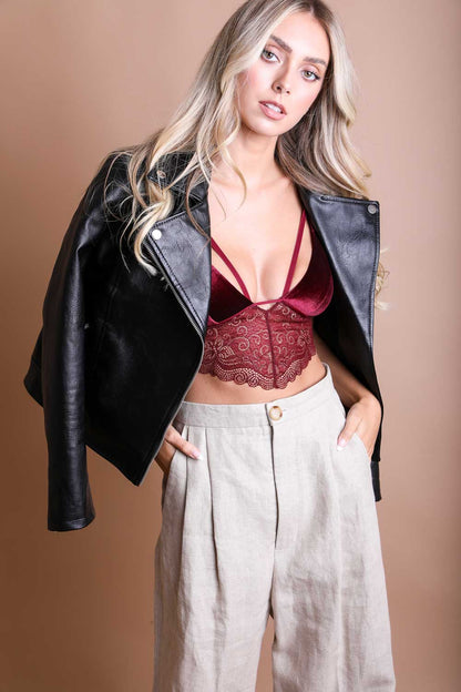 Wine-colored velvet lace bralette by Periwinkle Aether with delicate lace detailing and soft fabric, designed for stylish comfort.