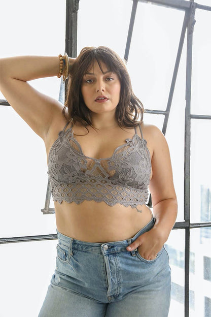 Gray plus crochet lace longline bralette by Periwinkle Aether, detailed lace fabric, and comfortable fit, designed as a stylish accessories piece.