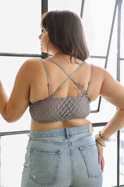 Gray plus crochet lace longline bralette by Periwinkle Aether, showing intricate lace details and adjustable straps.