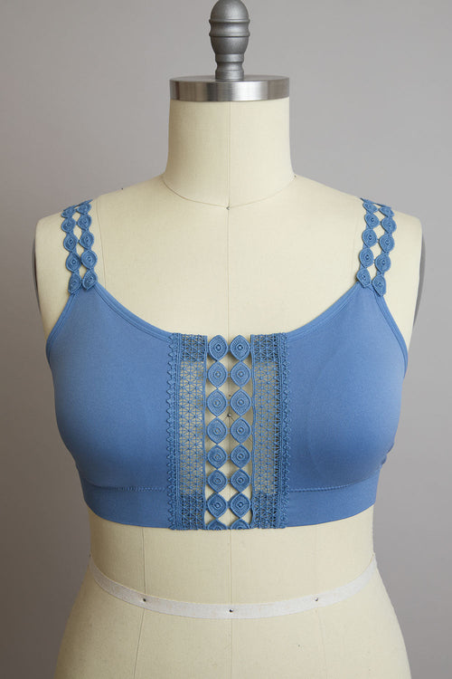 Blue Eye Lace Applique Bralette from Periwinkle Aether with intricate lace detailing and delicate eye lace design.