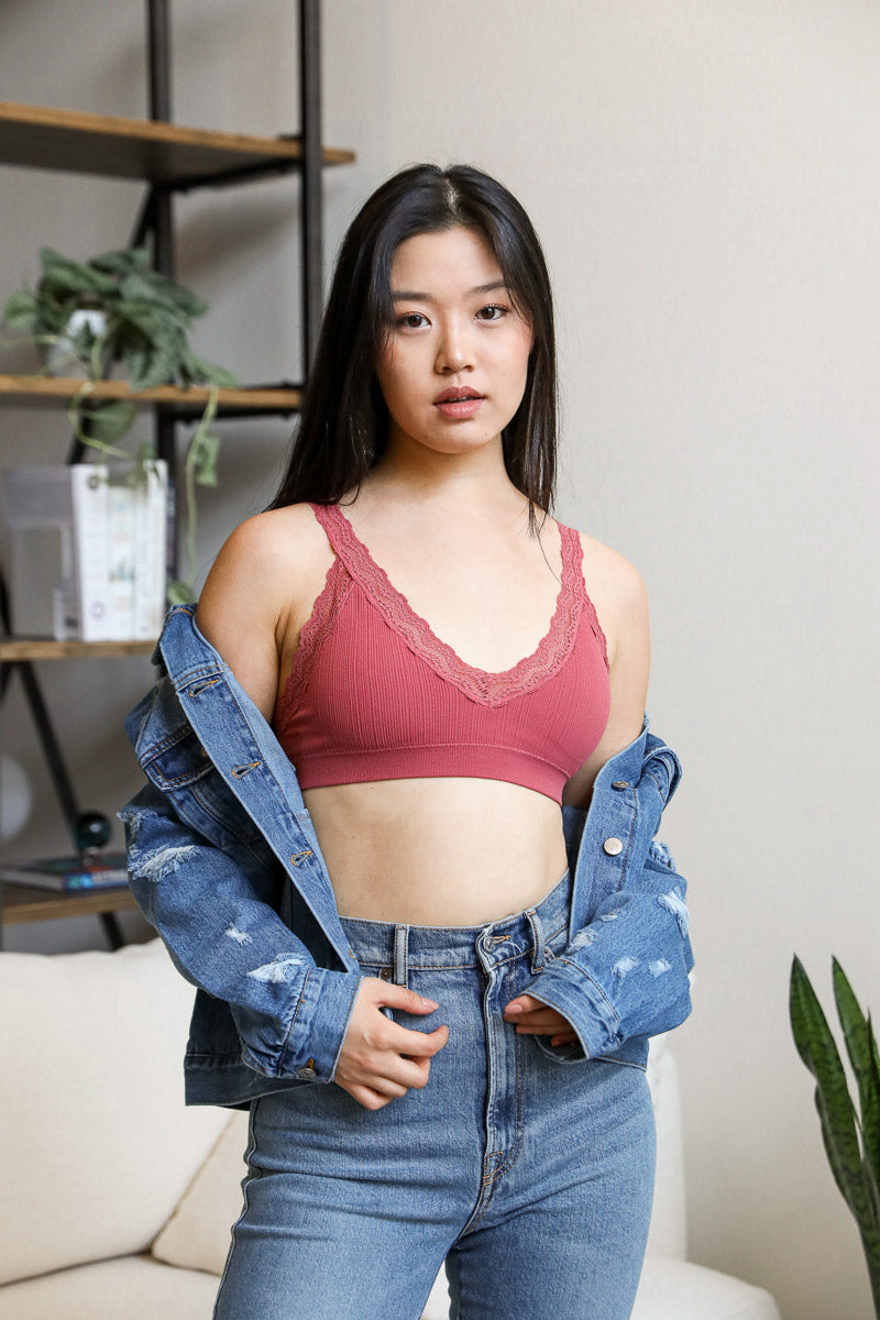 Mauve lace trim padded bralette from Periwinkle Aether featuring delicate lace details and soft cup padding.