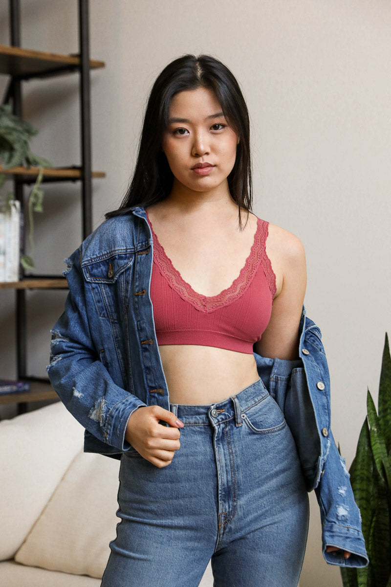 Mauve lace trim padded bralette from Periwinkle Aether, featuring delicate lace details and soft fabric for comfortable lingerie.