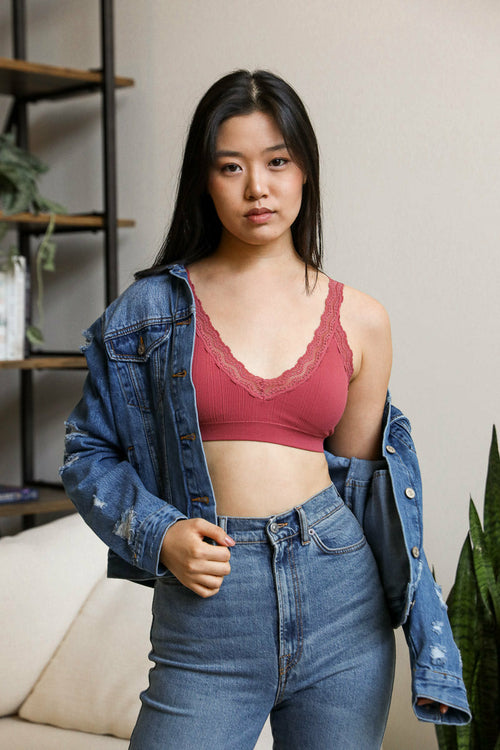 Mauve lace trim padded bralette by Periwinkle Aether featuring delicate lace details and soft padding, designed for comfortable lingerie.
