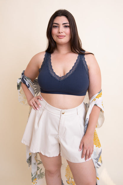 Blue lace trim padded bralette from Periwinkle Aether featuring delicate lace details and comfortable padded cups.