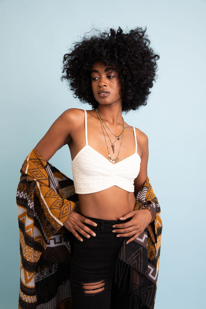 Periwinkle Aether Cuddle Season Knit Pattern Brami in ivory, showcasing textured knit fabric and delicate strap details.