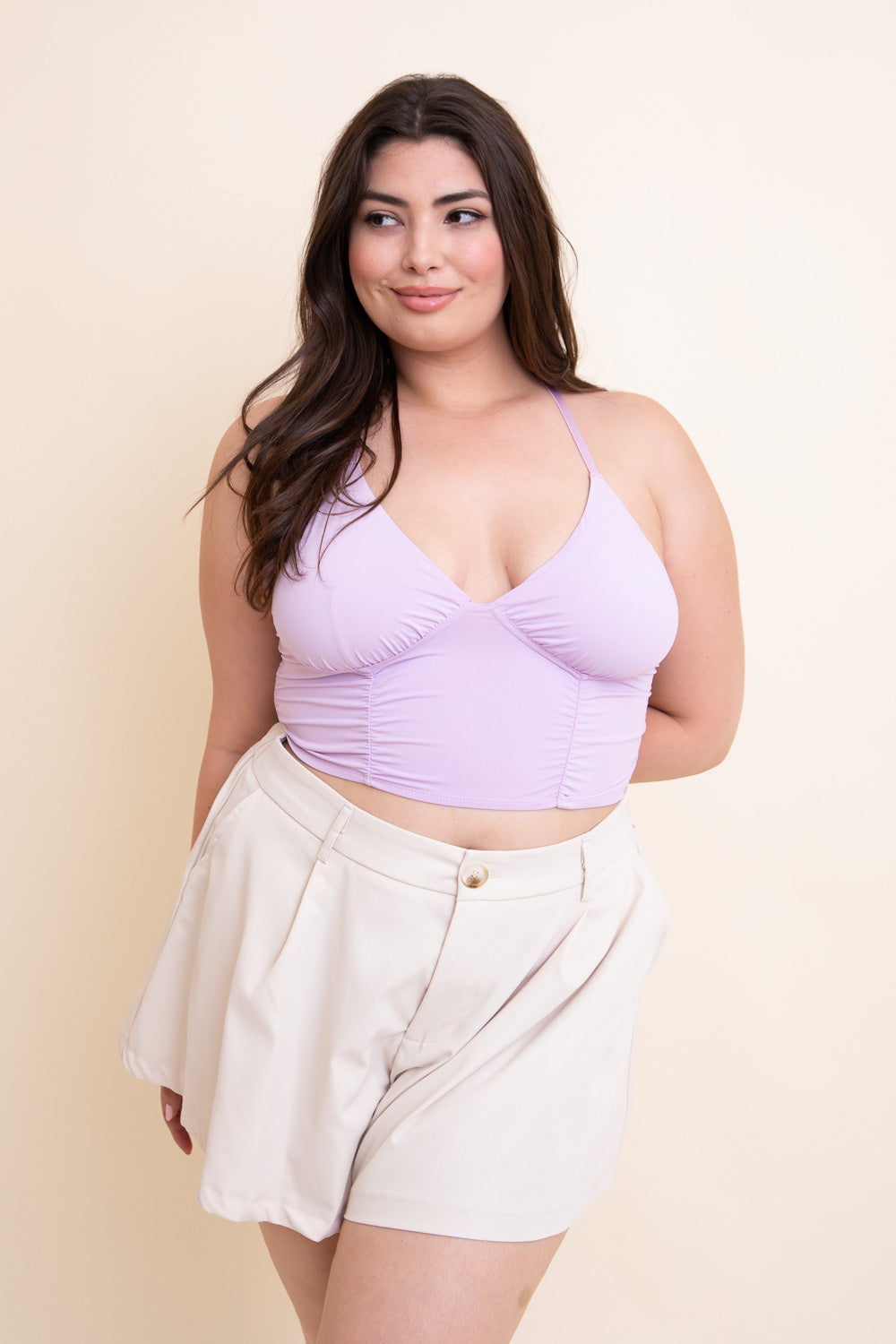 Lavender ruched bralette tank top by Periwinkle Aether, soft fabric with gathered detailing and adjustable straps.