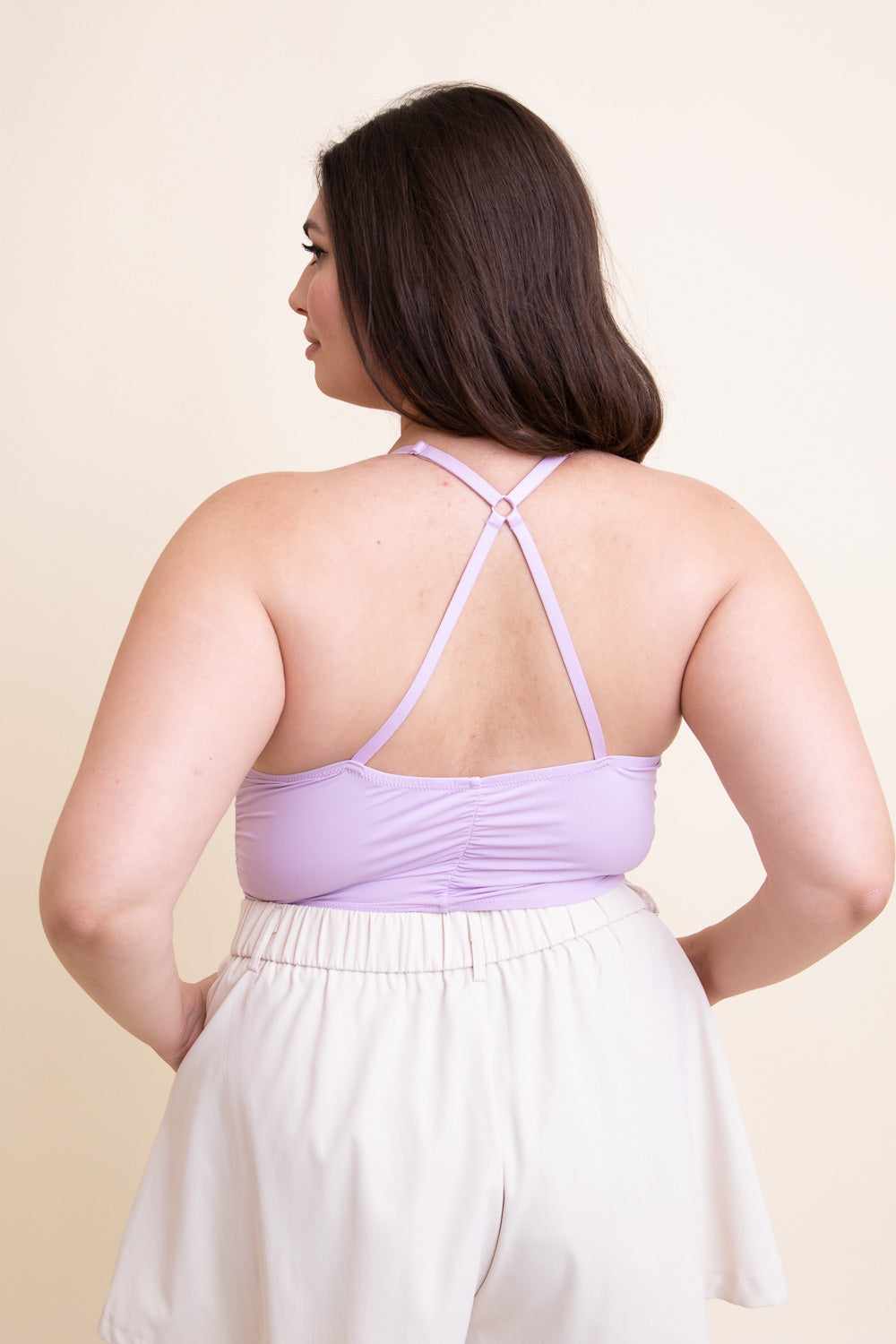 Lavender ruched bralette tank top by Periwinkle Aether, featuring a fitted design and soft fabric, displayed on a white background.