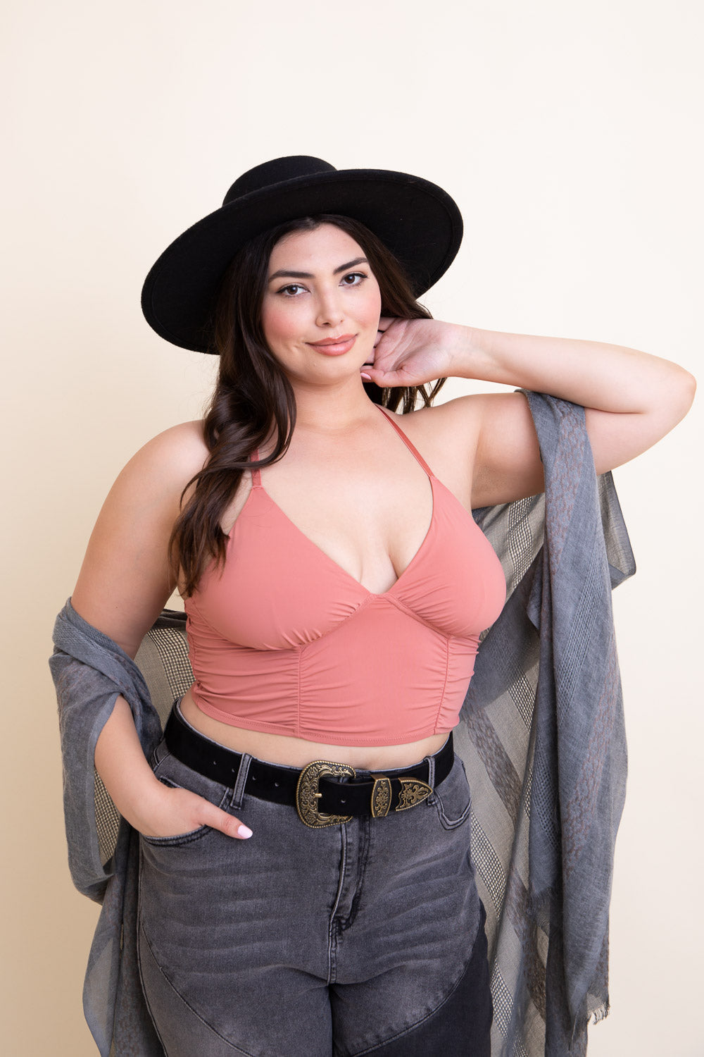 Pink ruched bralette tank top by Periwinkle Aether, featuring a relaxed fit and soft fabric for comfortable wear.